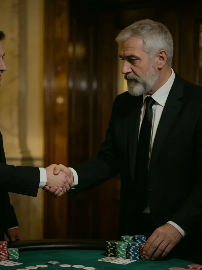 A hand mid-deal on the long table